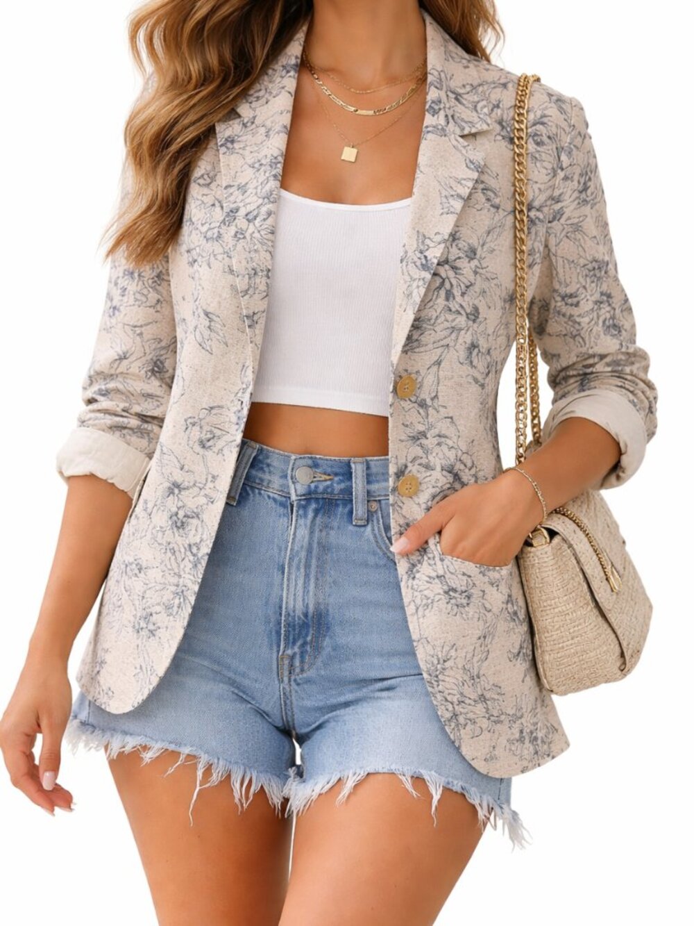 J.Jill Floral Linen Blend Blazer Jacket Blue Beige Roll Tab Coastal Boho S